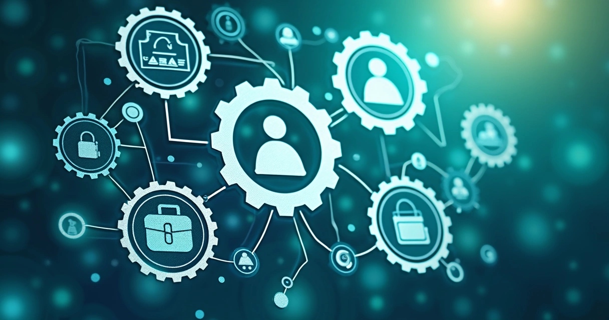 Gráfico abstrato de conexões e símbolos corporativos interligados 