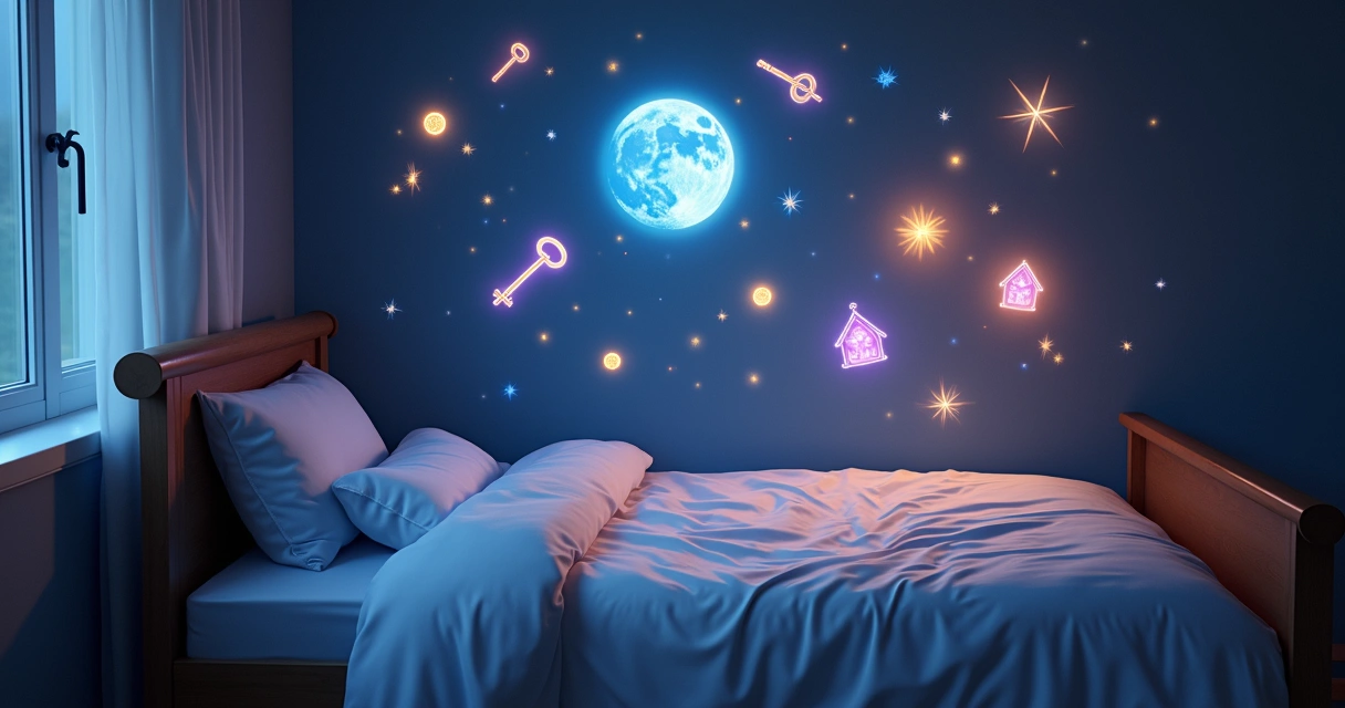 Símbolos de sonhos flutuando sobre uma cama à noite. 