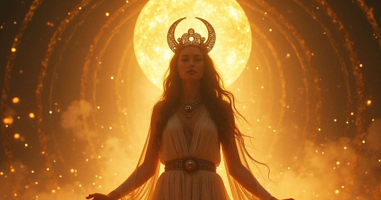 Mulher com coroa dourada rodeada de símbolos femininos antigos e fundo etéreo dourado 