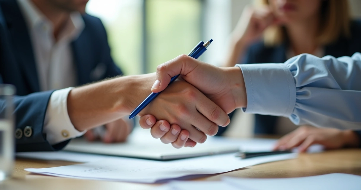 Mãos trêmulas segurando uma caneta durante reunião 