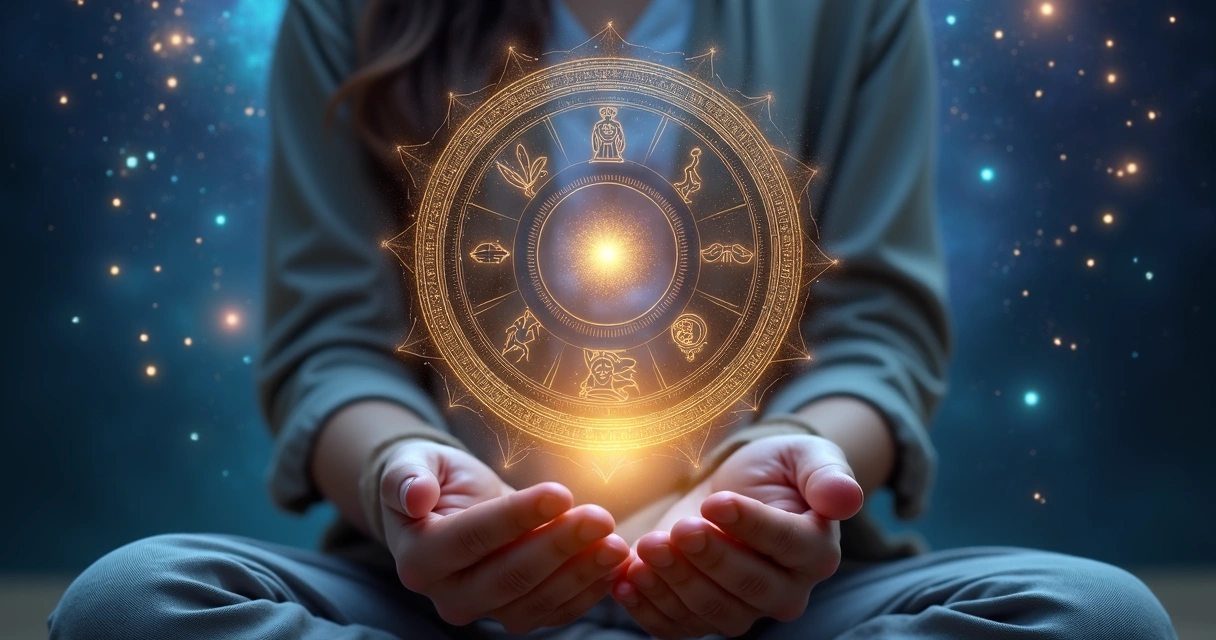 Símbolos arquetípicos em mandala luminosa representando jornada de autoconhecimento 
