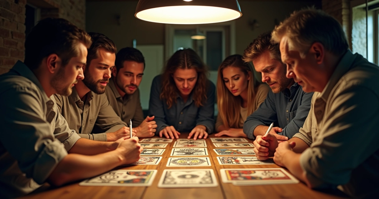 Pessoas refletindo sobre símbolos de cartas de tarot