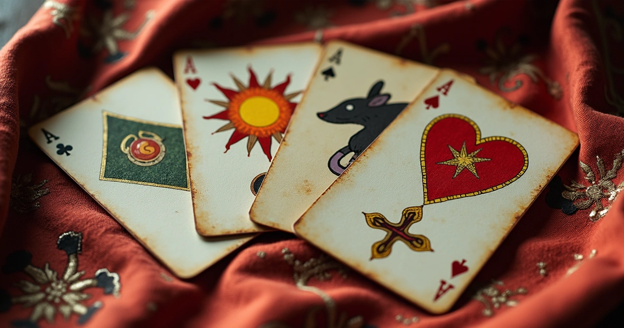 Cartas ciganas exibindo símbolos como sol, rato, cruz e coração 