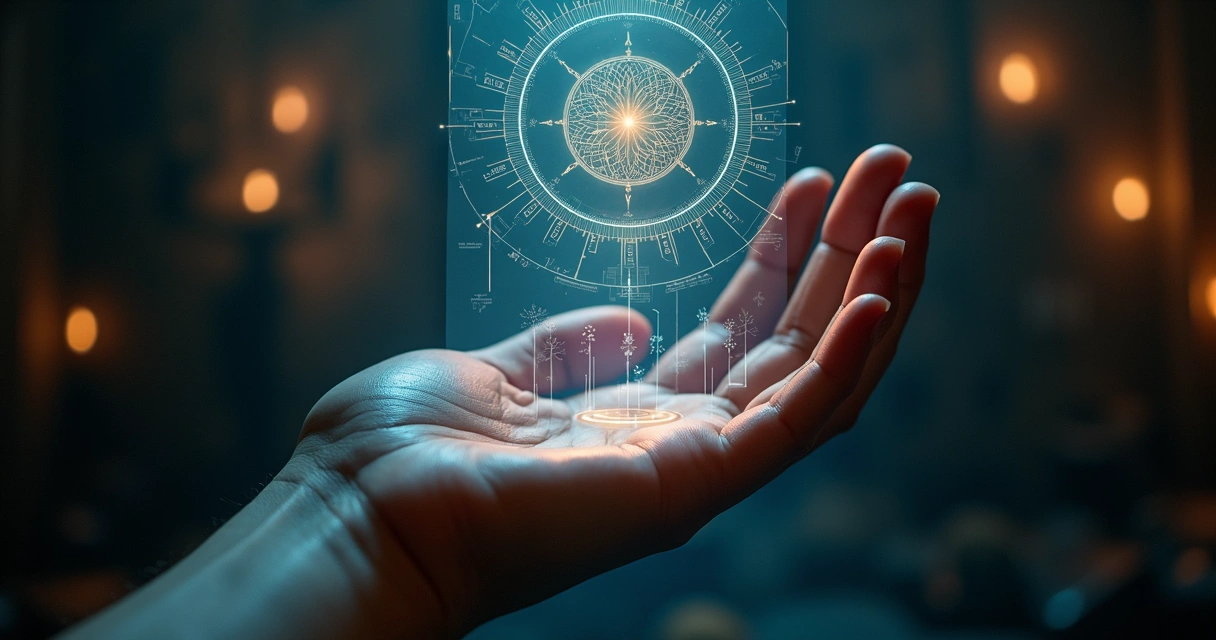 Mano humana tocando iconos digitales flotantes con símbolos antiguos detrás 