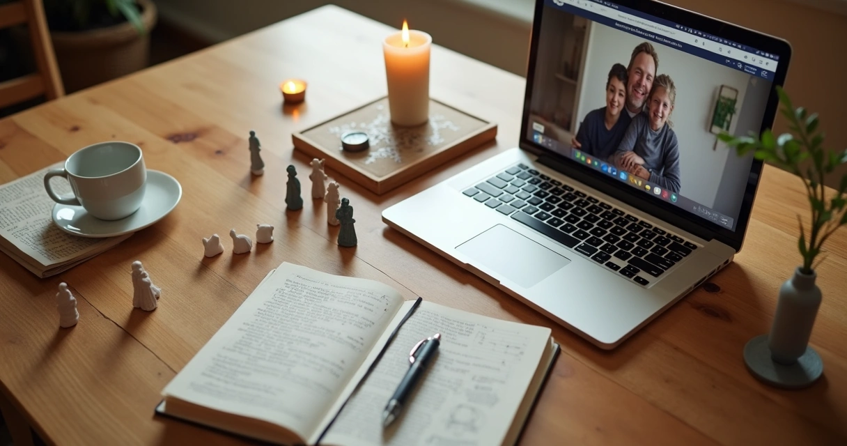 Elementos simbólicos usados em uma mesa para constelação familiar digital 