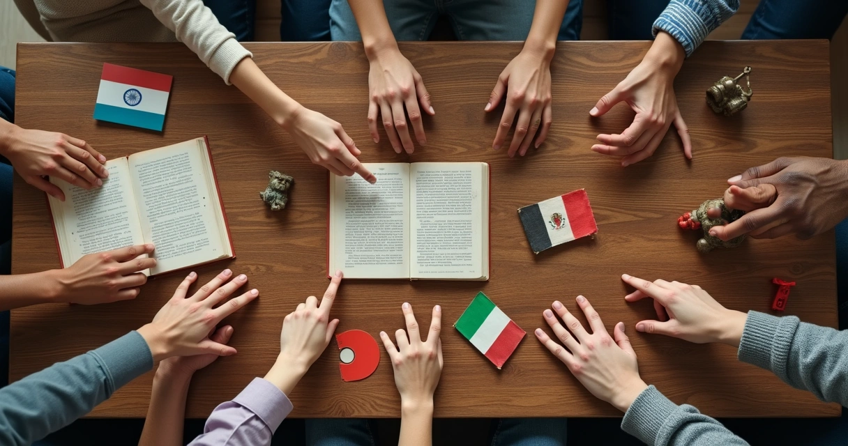 Manos de diferentes personas señalando y tocando símbolos culturales sobre una mesa de madera.