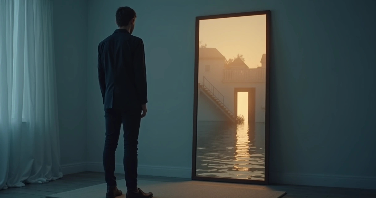 Pessoa observando símbolos oníricos refletidos em espelho