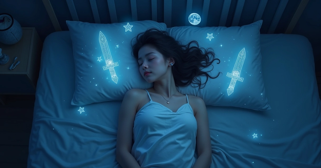 Símbolos do tarot flutuando ao redor de uma cama com pessoa dormindo 