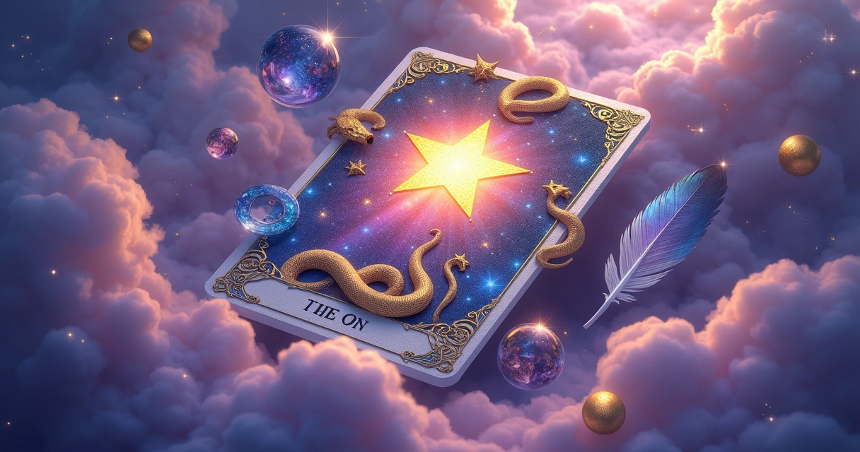 Desenho de vários símbolos esotéricos juntos, incluindo uma carta de tarot, cristal, estrela, cobra e olhos abertos 