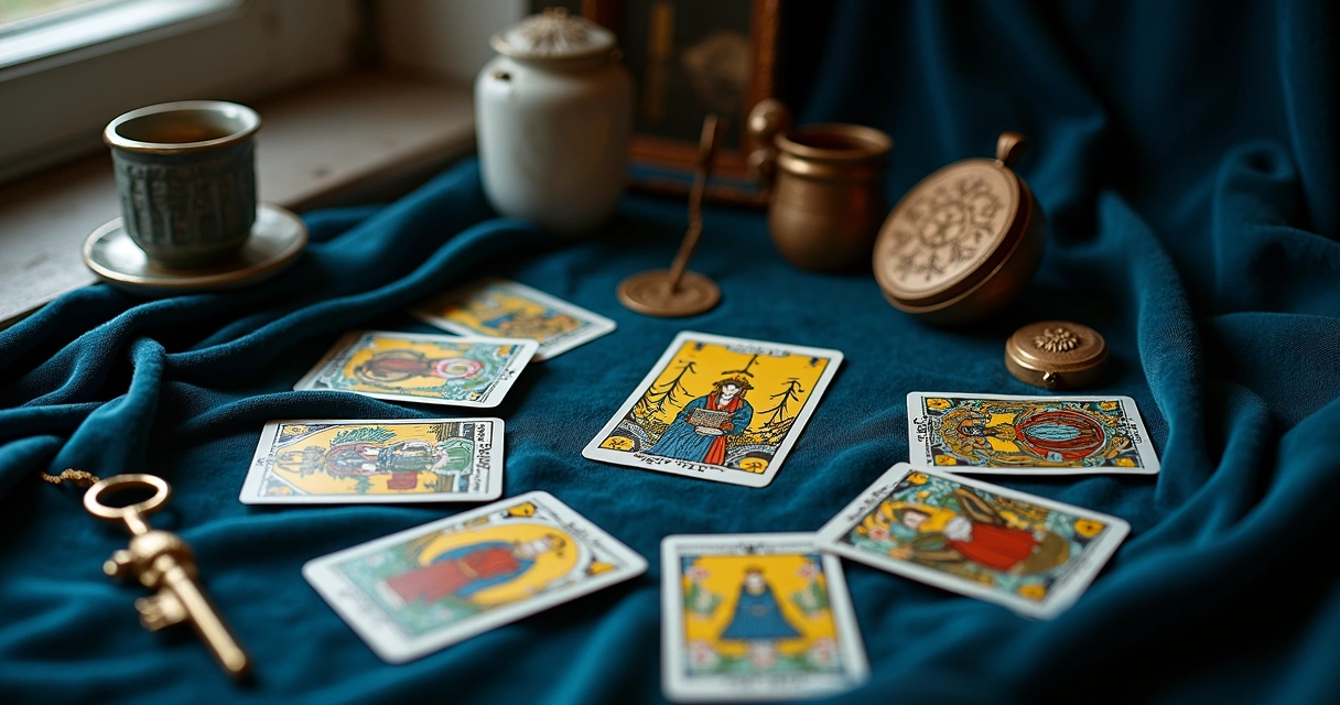 Cartas de corte do tarot em círculo junto a objetos de família