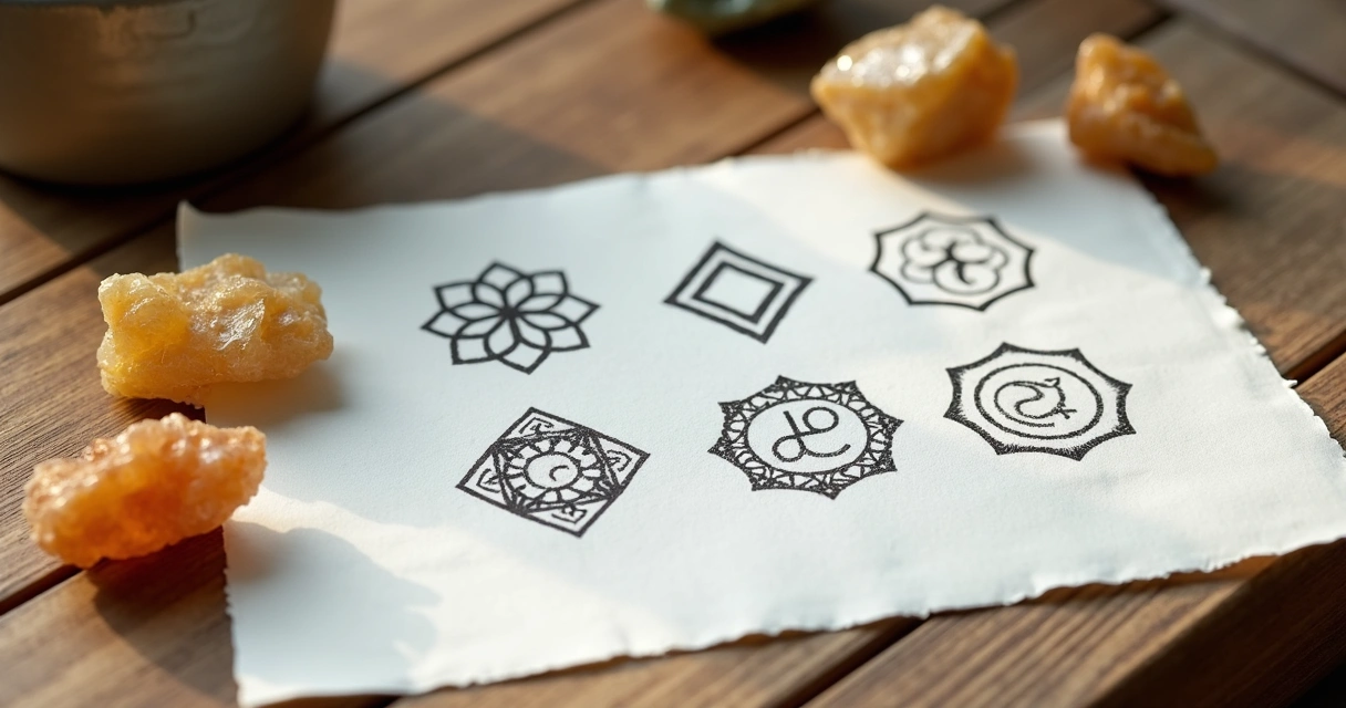 Símbolos de Money Reiki desenhados em papel com cristais ao redor