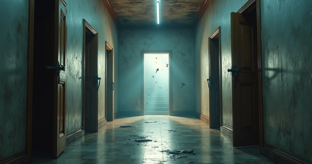 Corredor com portas e símbolos oníricos em luz suave 