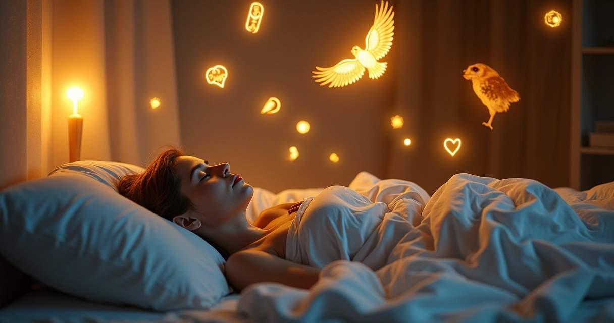 Representações de símbolos de proteção como amuletos, luz dourada e animais em um cenário onírico