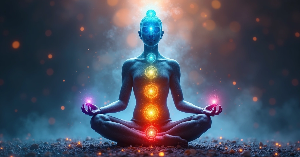 Símbolos do Reiki distribuídos ao redor dos chakras de uma pessoa 