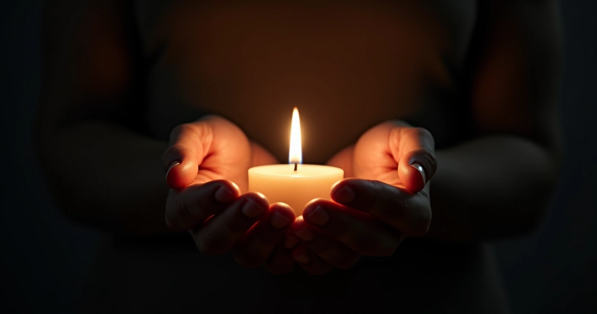 Mãos segurando uma vela acesa em ambiente escuro.