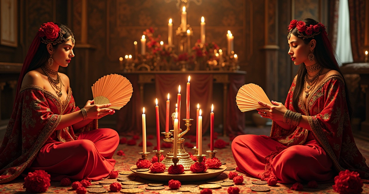 Símbolos coloridos e vestimentas tradicionais em um altar cigano 