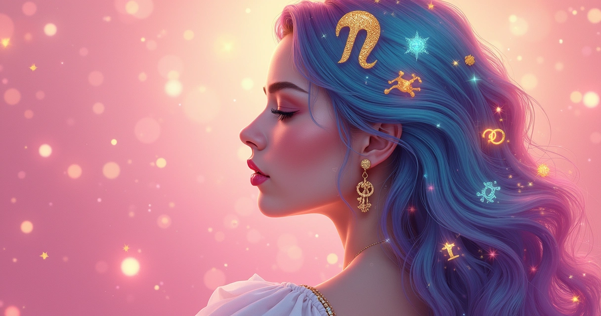 Cabelos coloridos femininos enfeitados com símbolos dos signos solares 