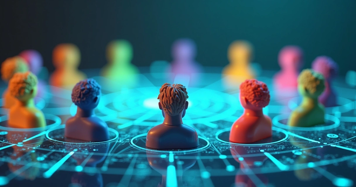 Avatares coloridos em um ambiente virtual formando um círculo 