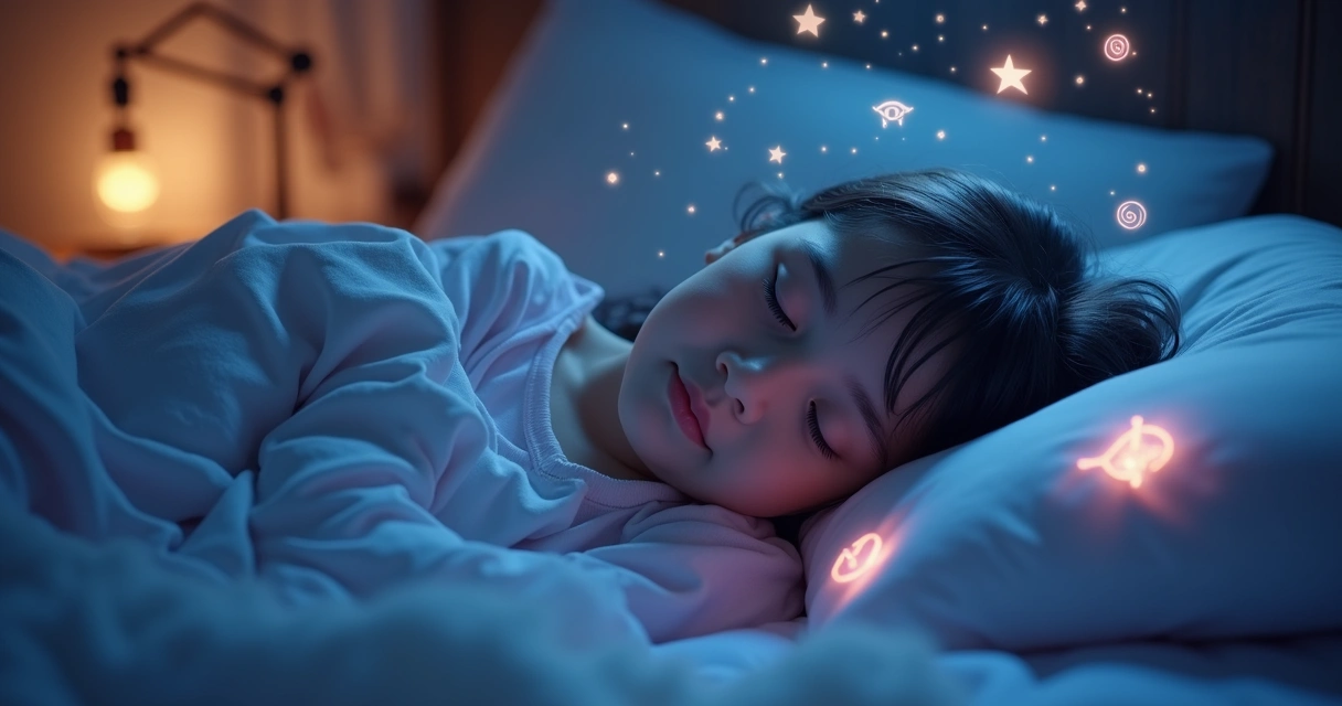 Menina dormindo com símbolos esotéricos flutuando ao redor 