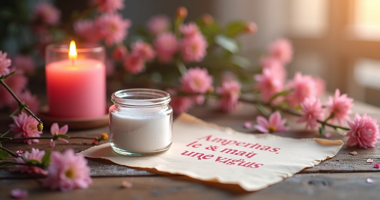 Pote de vidro com açúcar, vela rosa acesa e papelzinho escrito, fundo suave e tons românticos 