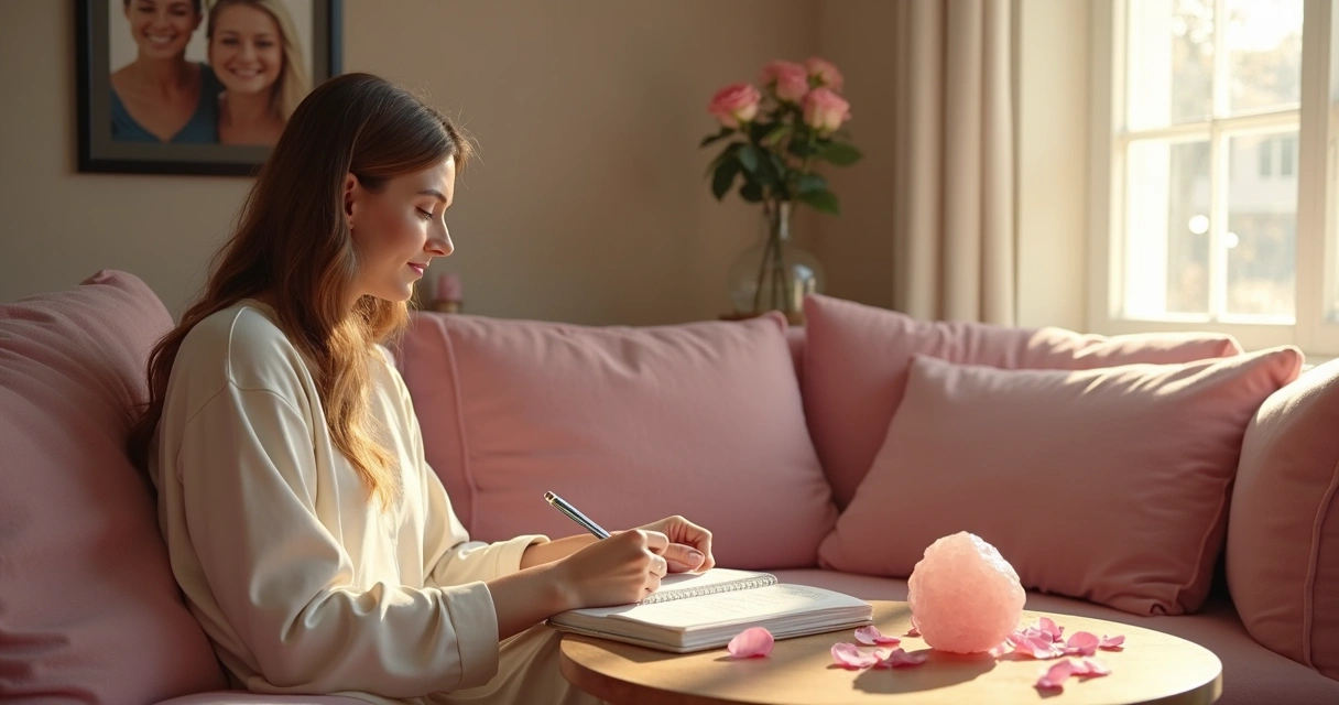 Mulher enviando carta com cristal e pétalas de rosa ao lado 