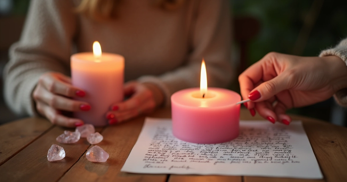 Vela rosa acesa ao lado de bilhete escrito à mão em ambiente acolhedor 