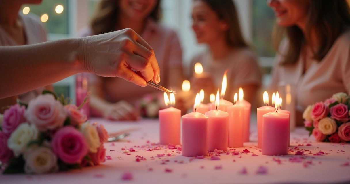 Simpatia com velas rosas e incenso em mesa de aniversário 