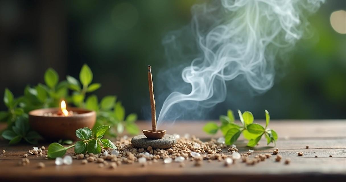 Incenso liberando fumaça ao lado de ervas e cristais, representando leveza do ar em ritual 
