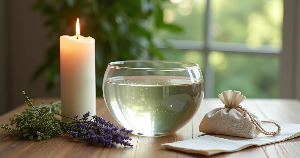 Mesa com ervas, vela acesa e tigela de água para preparo de banho espiritual
