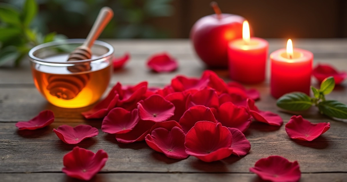 Simpatia com rosas, velas e mel sobre mesa iluminada 