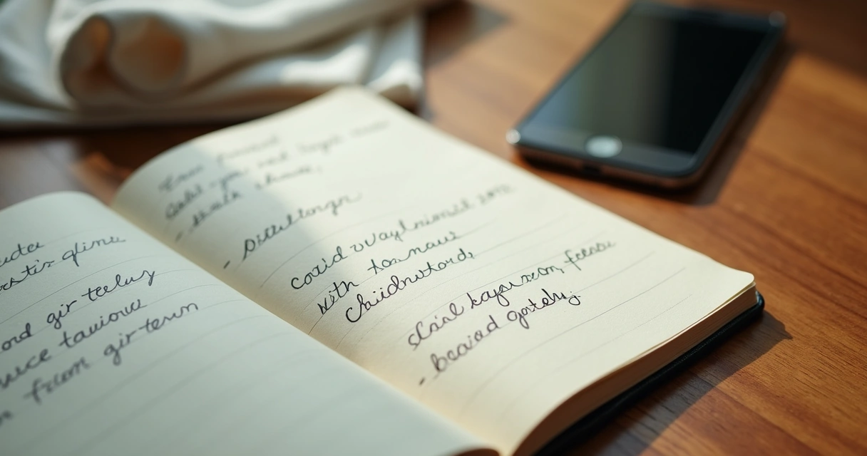 Caderno com nomes de amigos escrito à mão, pano branco e celular sobre uma mesa de madeira 