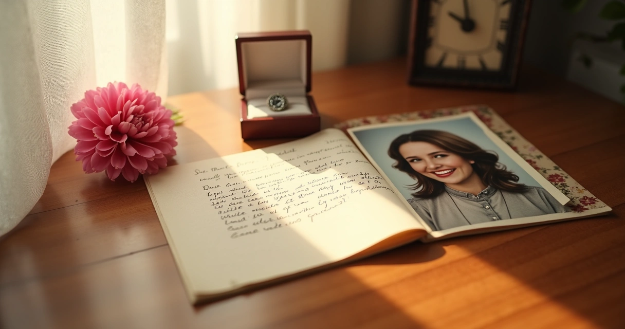 Foto e bilhete juntos sobre uma mesa de madeira 