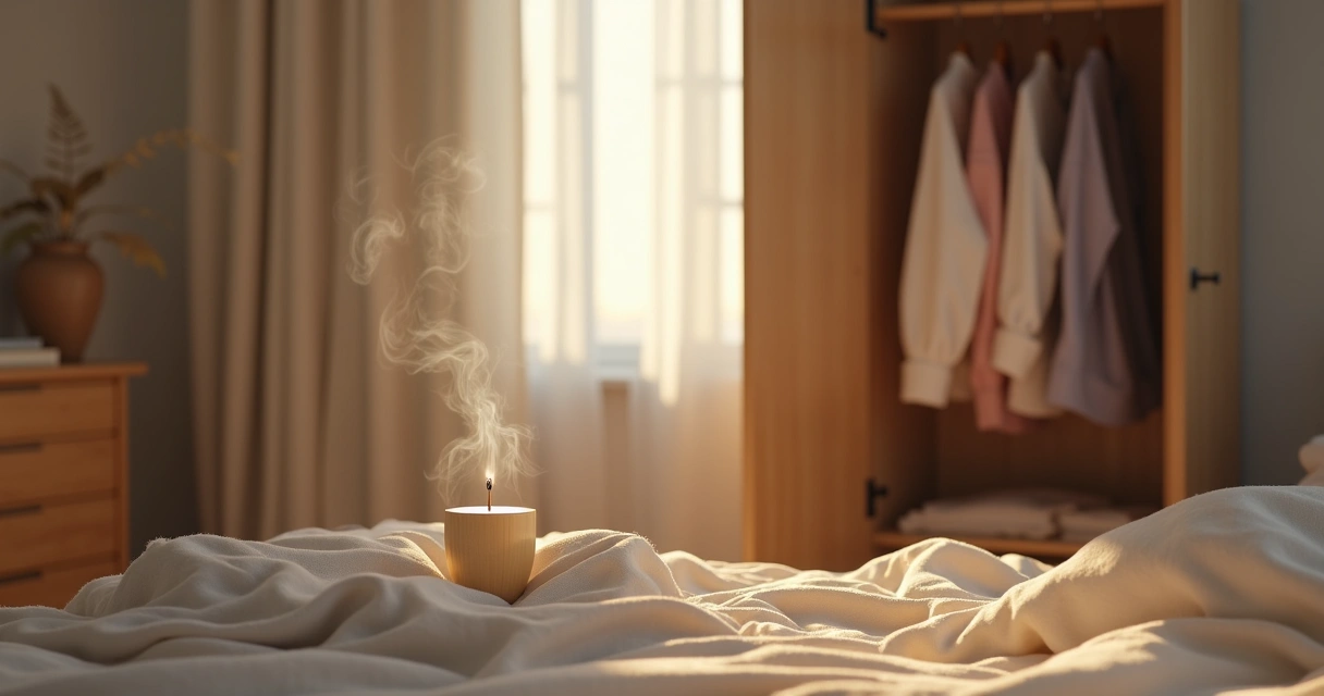 Incenso aceso diante de um guarda-roupa aberto 