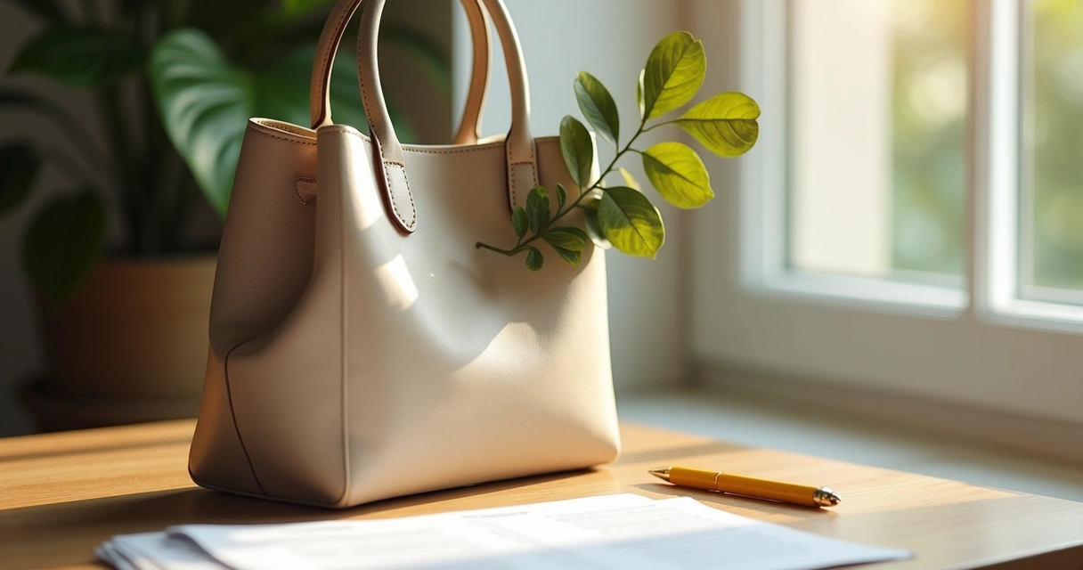 Galho de louro seco em bolsa feminina aberta 