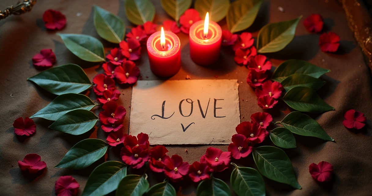 Altar de simpatia com folha de louro, velas e pétalas de rosa 