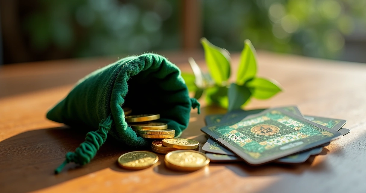 Saquinho verde com moeda dourada, folhas de louro e Baralho Cigano 