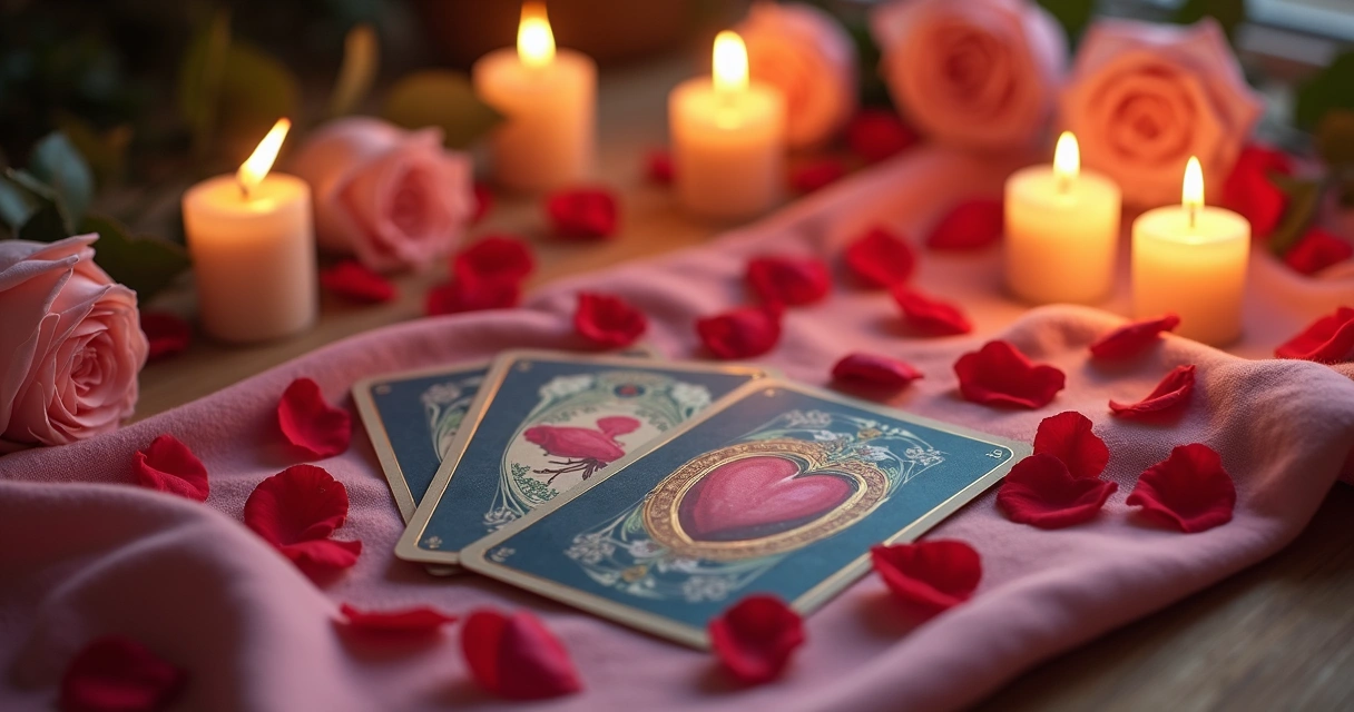 Ritual de amor com Baralho Cigano, velas e flores em ambiente harmonioso