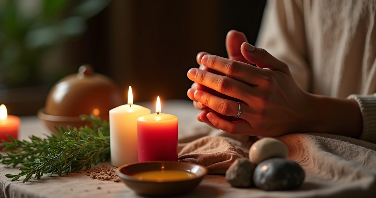 Ritual de simpatia com velas acesas, ervas espalhadas e mãos em prece 