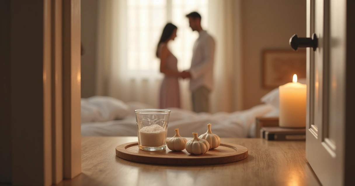 Copo de vidro com sal grosso e alho ao lado de uma vela acesa simulando ritual de proteção do casal 