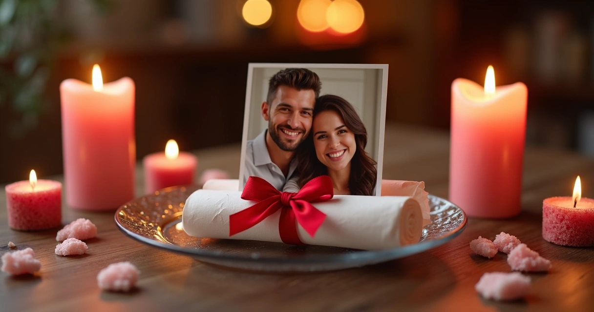 Velas acesas, fita vermelha e foto de casal em um prato, em clima de ritual 