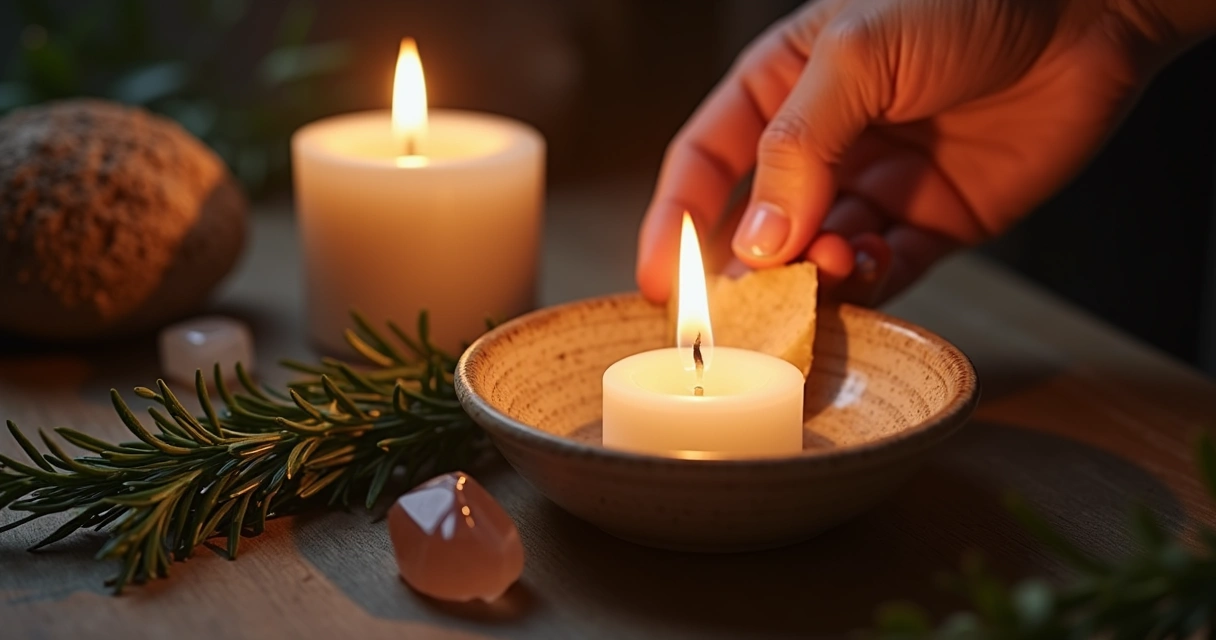 Mão segurando vela branca acesa, papel queimado em um pratinho 