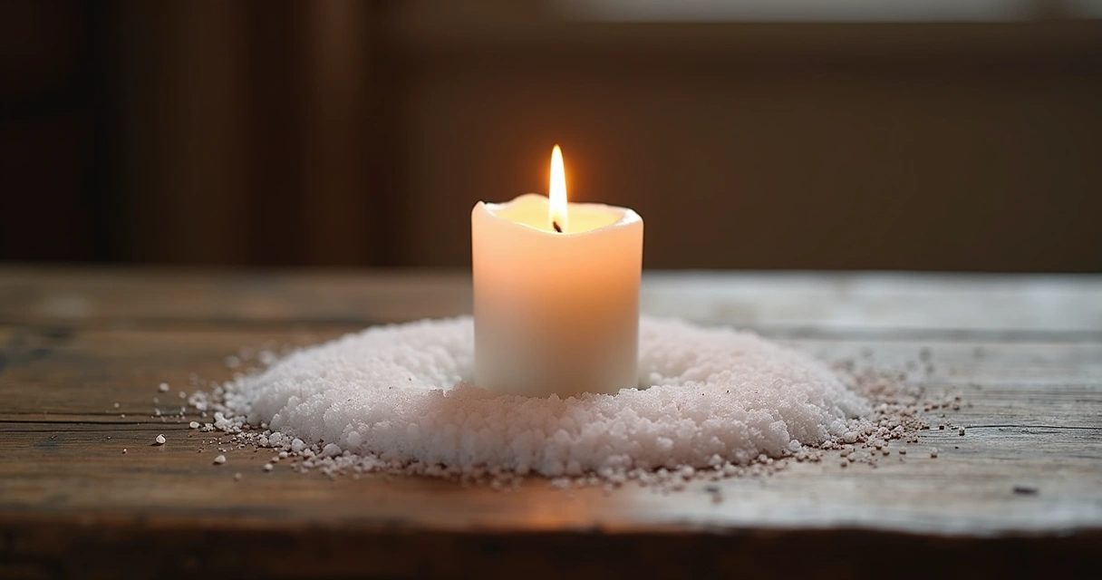 Vela branca acesa com círculo de sal ao redor sobre mesa de madeira clara