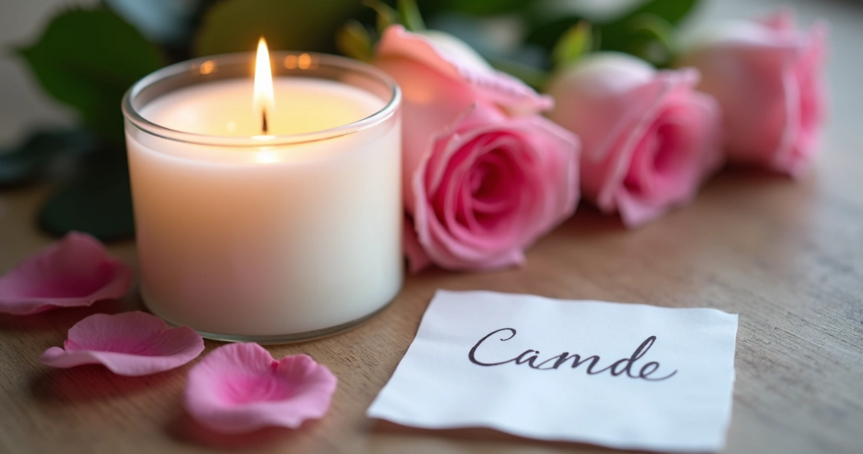 Vela branca acesa ao lado de pétalas de rosa e bilhete 
