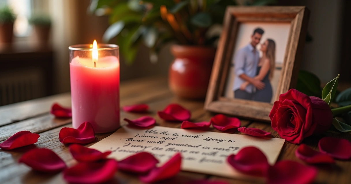 Vela rosa acesa ao lado de foto de casal em mesa de madeira 