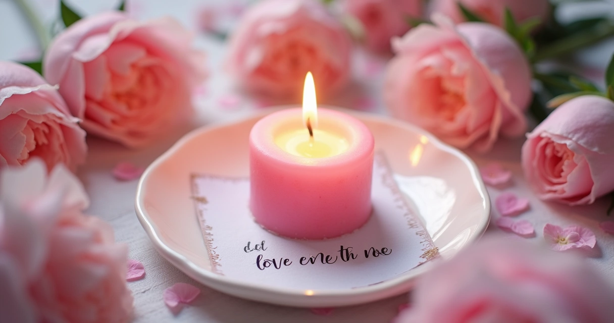 Velha rosa acesa em um prato branco com papel ao lado, desejando amor em um ambiente tranquilo.