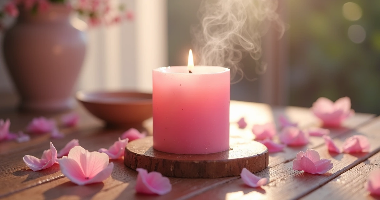 Vela rosa acesa ao lado de cristais e pétalas rosas em prato branco 