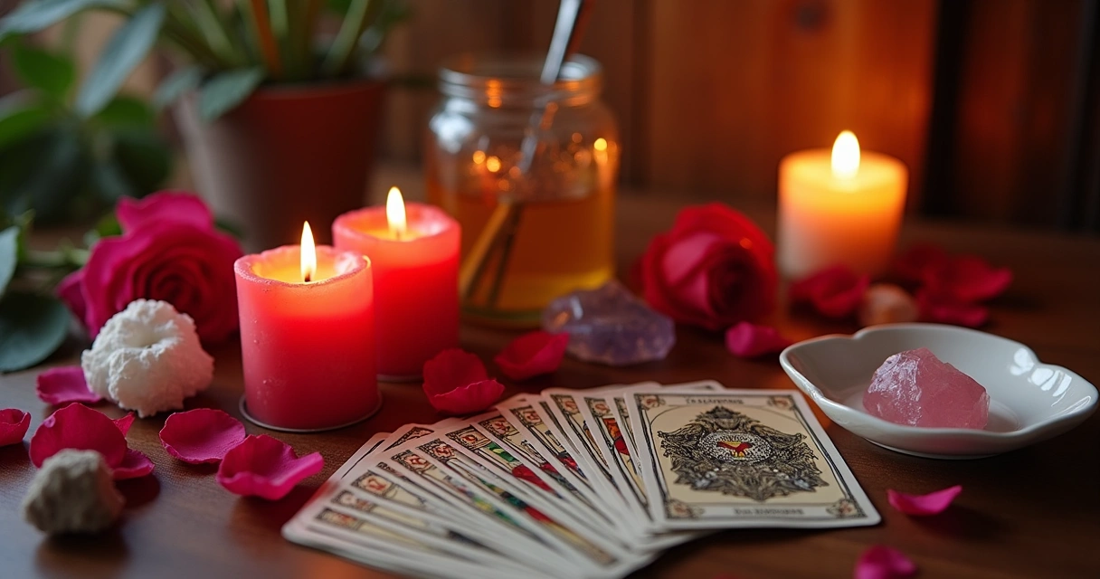 Mesa com elementos de simpatias amorosas e cartas de tarot 