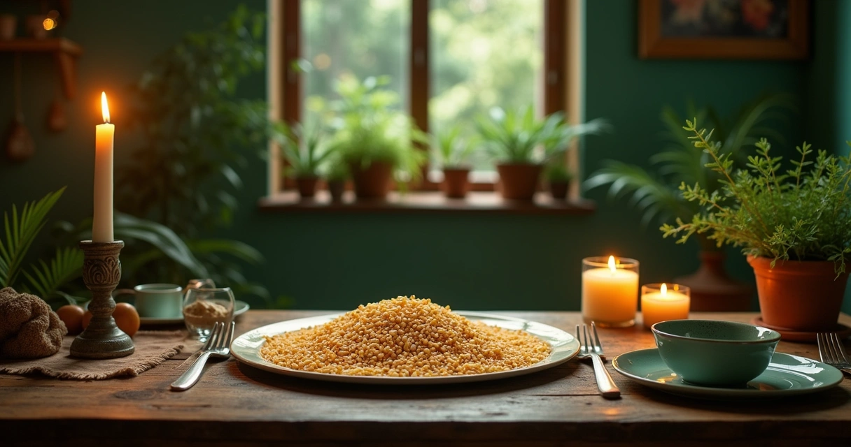 Cena mágica com grãos de arroz e uma vela, simbolizando simpatias para atrair abundância financeira.