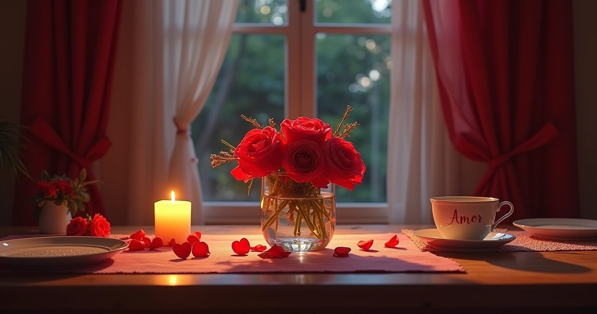 Rosa vermelha em vaso, vela acesa, mel em prato com nome Amor e copo de água sob luz da lua.