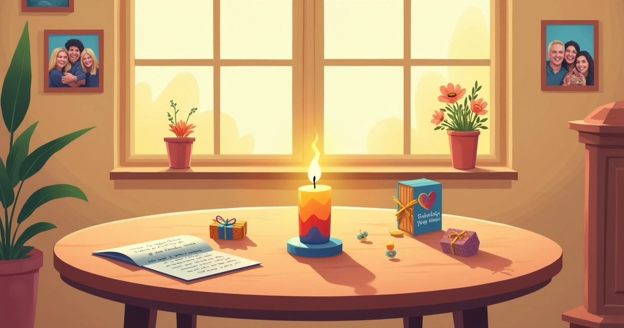 Ilustração de uma mesa com vela colorida, cartão de amizade e flores, simbolizando laços de amizade.